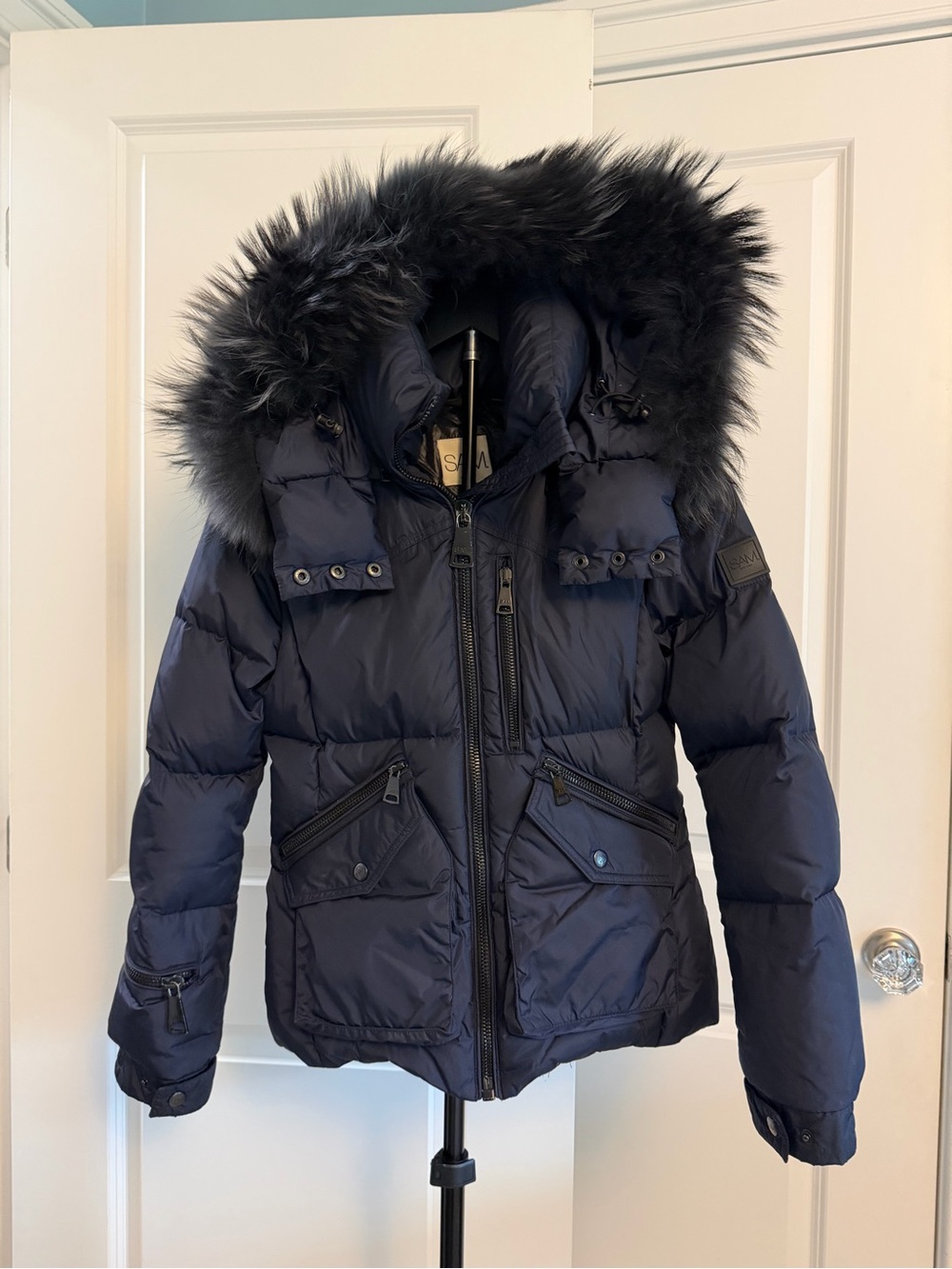 SAM. Down Navy Puffer Jacket with Faux Fur Hood